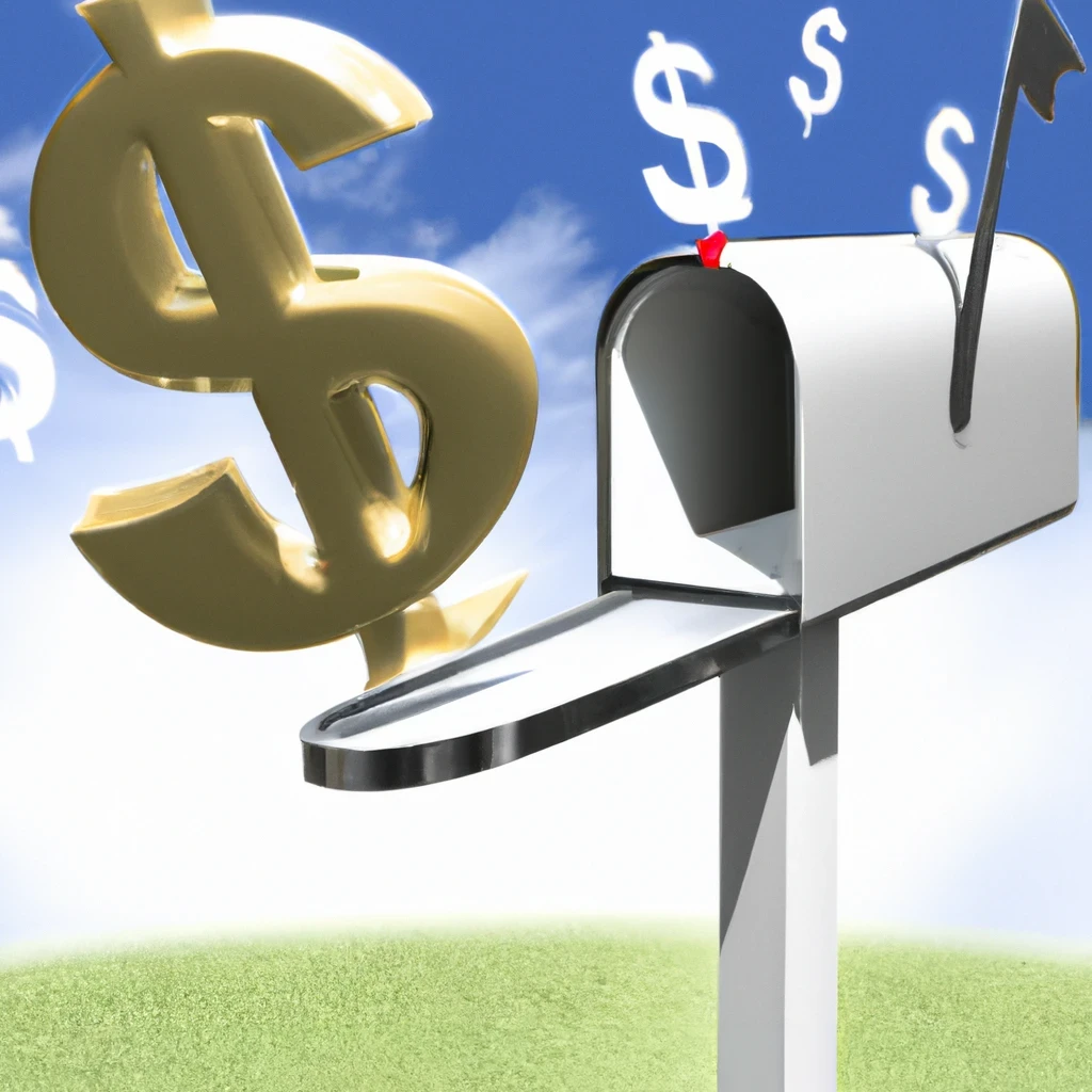 A dollar sign flying into a mailbox, with a blue sky background.